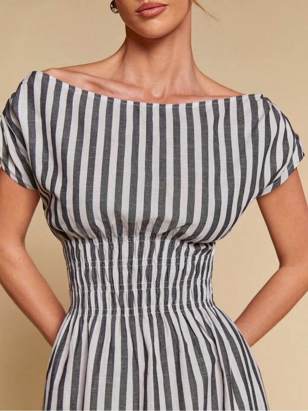 Black & White Striped Off-Shoulder Midi Dress | Cinched Waist | Size L